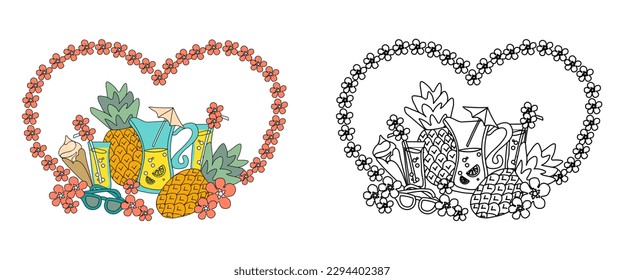 Libro de ilustraciones vectoriales coloridas - comida romántica de verano, piña, helado, flores y limonada. Dibujo de esquema en blanco y negro y una versión de color para un ejemplo