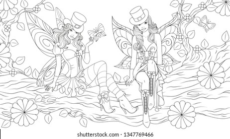 Vector illustration of coloring book, two beautiful fairy girls sitting on a tree on  St. Patrick Day