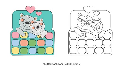 ilustración vectorial libro de colorear dos osos polares en el sueño amoroso bajo una manta de tejido de mosaico de mosaico de mosaicos en la cama. Dibujo de esquema en blanco y negro y una versión de color para un ejemplo.