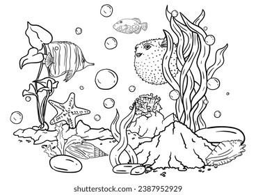  Vector illustration of a coloring book of the underwater world with beautiful fish, shells, algae in the sea