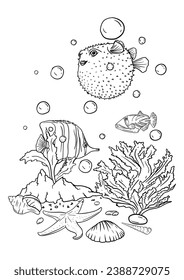  Vector illustration of a coloring book of the underwater world with beautiful fish, shells, algae in the sea