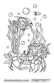  Vector illustration of a coloring book of the underwater world with beautiful fish, shells, algae in the sea