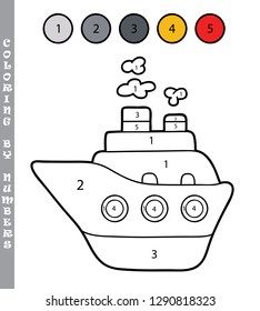 Vector illustration coloring by numbers educational game with cartoon retro ship for kids