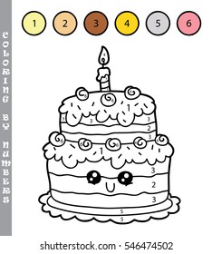 Vector illustration coloring by numbers educational game with cartoon birthday cake for kids