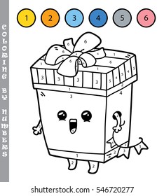 Vector illustration coloring by numbers educational game with cartoon gift box for kids