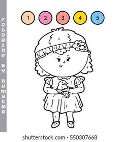 Vector illustration coloring by numbers educational game with cartoon girl and bird for kids