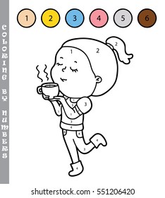 Vector illustration coloring by numbers educational game with cartoon girl with coffee or tea for kids