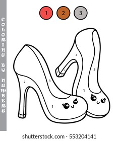 Vector illustration coloring by numbers educational game with cartoon shoes for kids