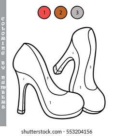 Vector illustration coloring by numbers educational game with cartoon shoes for kids