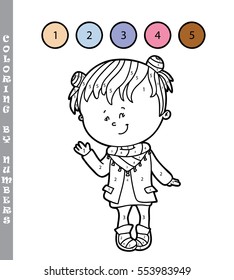 Vector illustration coloring by numbers educational game with cartoon girl  for kids