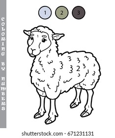 Vector illustration coloring by numbers educational game with cartoon sheep for kids