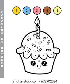 Vector illustration coloring by numbers educational game with cartoon cupcake for kids