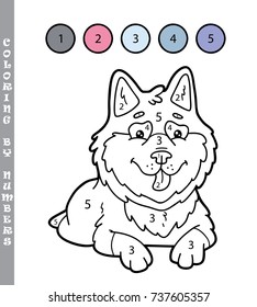 Vector illustration coloring by numbers educational game with cartoon husky dog character for kids