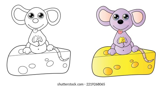 Vector illustration and coloring of a cute little mouse with cheese.