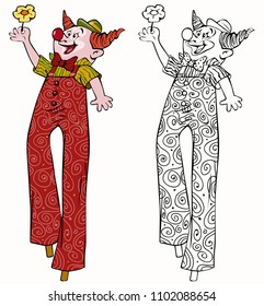 Vector illustration, coloring drawing, clown with stilts, card concept, white background.