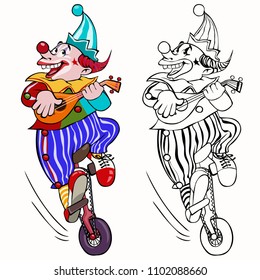 Vector illustration, coloring drawing, clown on a unicycle, card concept, white background.