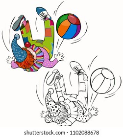 Vector illustration, coloring drawing, clown falling, card concept, white background.