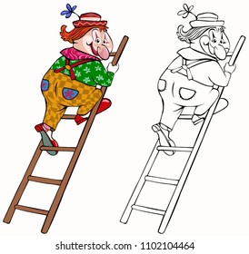 Ilustração vetorial, desenho de cores, escada escalada palhaço, conceito de desenho animado, fundo branco.