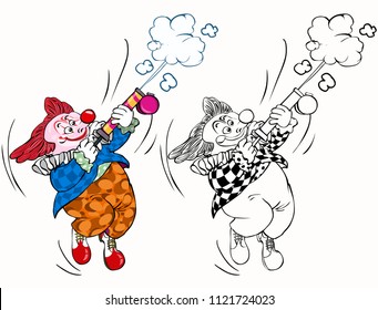 Vector illustration, coloring drawing, clown with flit pump, cartoon concept, white background.