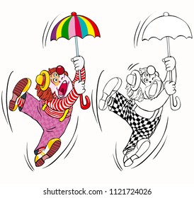 Vector illustration, coloring drawing, clown with umbrella, cartoon concept, white background.