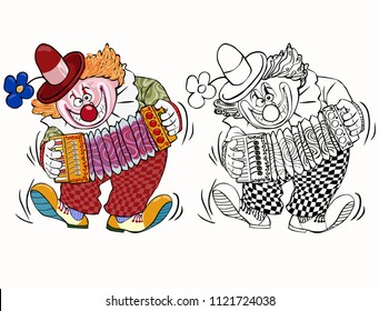 Vector illustration, coloring drawing, clown playing accordion, cartoon concept, white background.