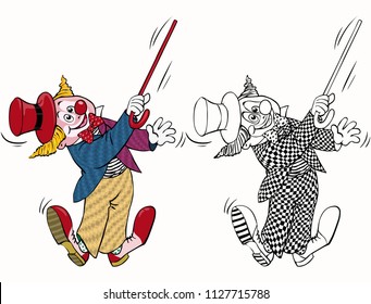 Vector illustration, coloring drawing, clown with walking stick, cartoon concept, white background.