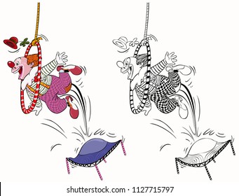 Vector illustration, coloring drawing, clown jumping on a trampoline, cartoon concept, white background.