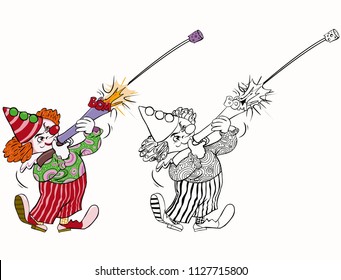 Vector illustration, coloring drawing, clown shooting with a toy gun, cartoon concept, white background.