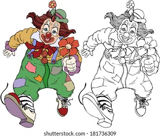 Vector illustration, coloring drawing, clown with flower, cartoon concept, white background.