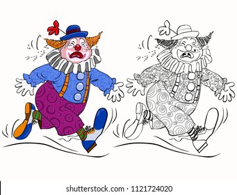 Vector illustration, coloring drawing, crying clown, cartoon concept, white background.
