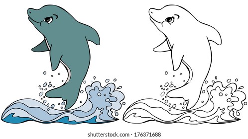 Vector illustration, coloring drawing, dolphin, cartoon concept.