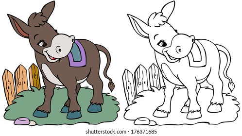 Vector illustration, coloring drawing, donkey, cartoon concept.