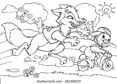 Vector illustration, coloring drawing, fox chasing rabbit, cartoon concept.