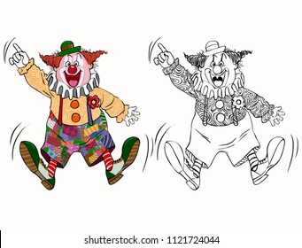 Vector illustration, coloring drawing, funny clown, cartoon concept, white background.