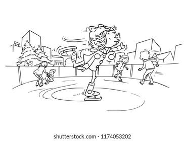 Vector illustration, coloring drawing, kid walking on ice skates, card concept, white background.