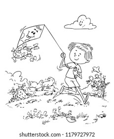 Vector illustration, coloring drawing, kid playing with kite, cartoon concept.