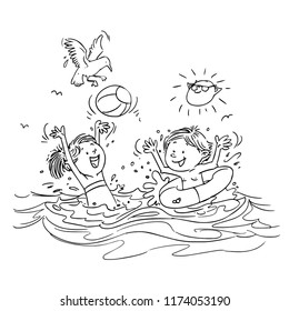 Vector illustration, coloring drawing, kids playing in water, card concept, white background.