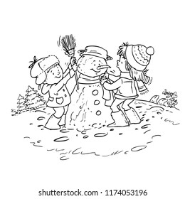 Vector illustration, coloring drawing, kids making a snowman, card concept, white background.