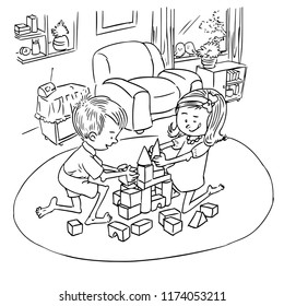 Vector illustration, coloring drawing, kids playing inside, card concept, white background.