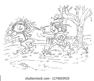 Vector illustration, coloring drawing, kids playing with snow balls, card concept, white background.