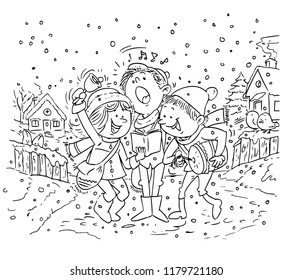 Vector illustration, coloring drawing, kids caroling, cartoon concept.