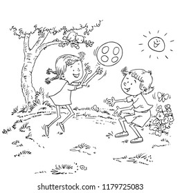 Vector illustration, coloring drawing, kids playing with ball, cartoon concept.