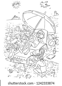 Vector illustration, coloring drawing, kids at seaside, cartoon concept.