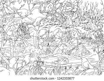 Vector illustration, coloring drawing, kids sailing in delta, cartoon concept.