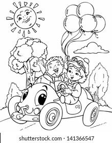 Vector illustration, coloring drawing, kids going on a trip, card concept.