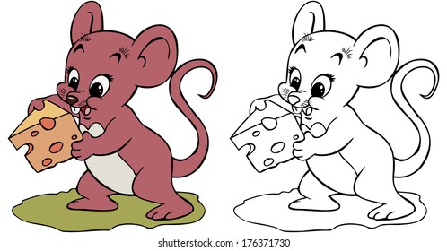 Vector illustration, coloring drawing, mouse with cheese, cartoon concept.