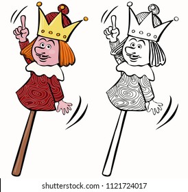 Vector illustration, coloring drawing, puppet king, cartoon concept, white background.