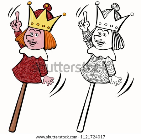 Vector illustration, coloring drawing, puppet king, cartoon concept, white background.