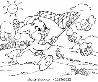 Vector illustration, coloring drawing, rabbit chasing flying eggs, cartoon concept.