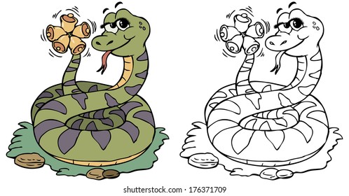 Vector illustration, coloring drawing, rattlesnake, cartoon concept.